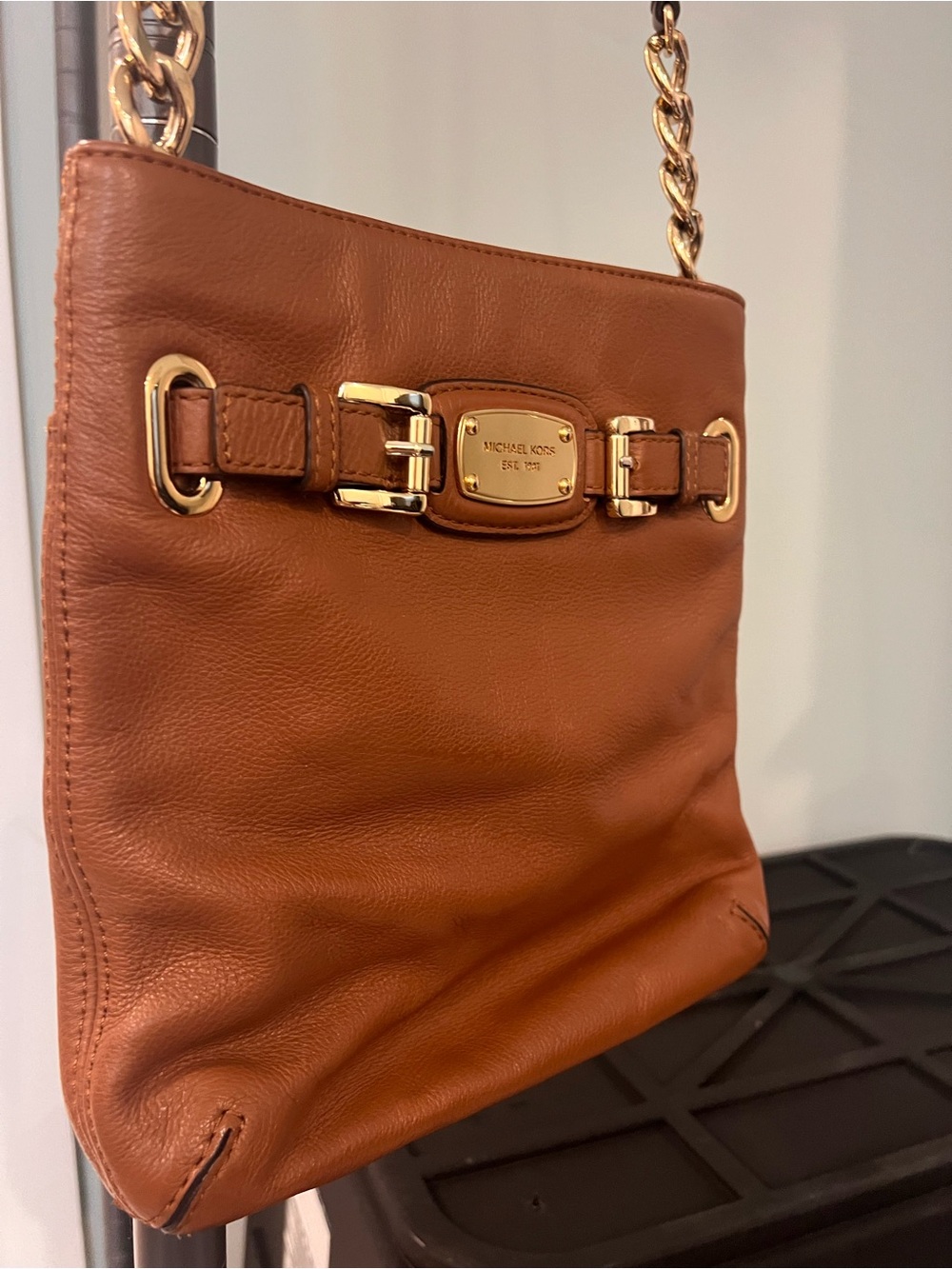Michael Kors Brown Leather Crossbody with Gold Chain and Plaque
